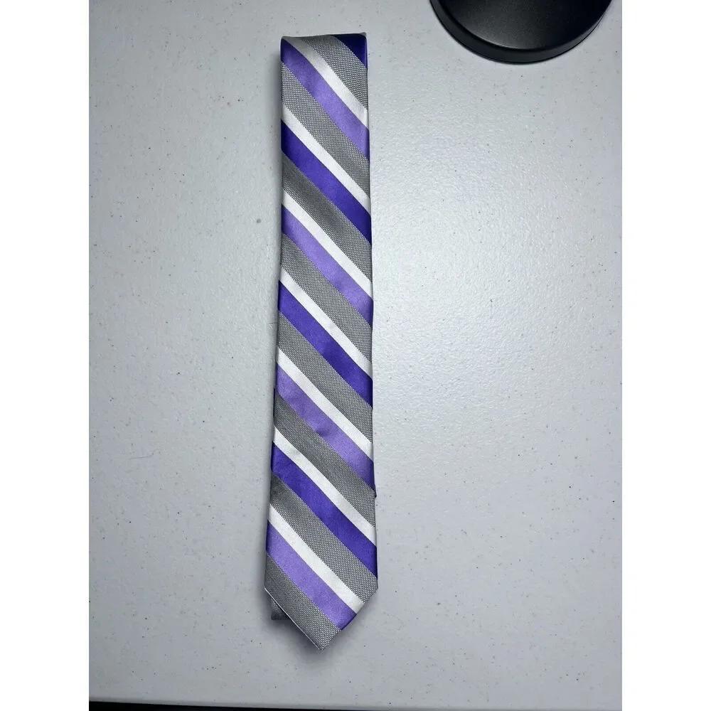 Express Grey Purple‎ Striped Silk Skinny Tie NWT
